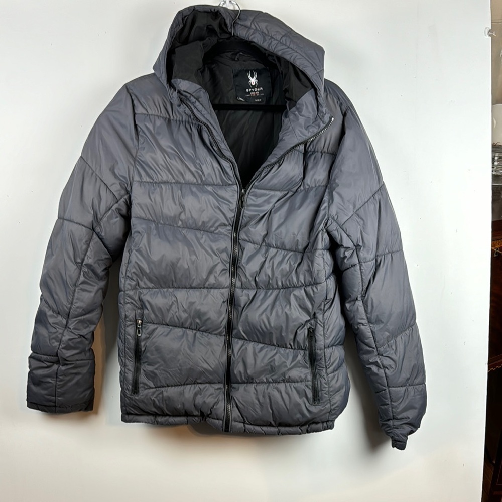 SPYDER Gray Hooded S/P/P puffer Jacket zippered good used condition